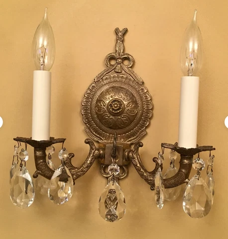 Vintage Lighting PAIR of 1960s Hollywood Regency crystal sconces. Dazzling! Cover