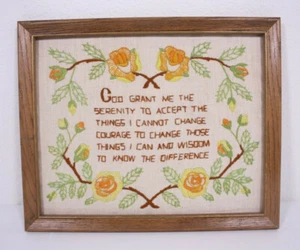 Serenity Prayer Embroidered Linen Stitched Sampler 13x16 Art Framed Religious  - Picture 1 of 12