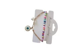Colorful Disc Bead Bracelet with Gold Charm – Evil Eye & Pearl Accent Jewelry - Picture 1 of 4