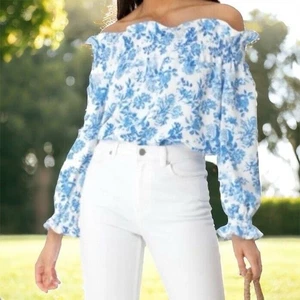 Tuckernuck Marguerite Blouse Women’s Sz L Off The Shoulder Top Floral Bloomcore - Picture 1 of 11