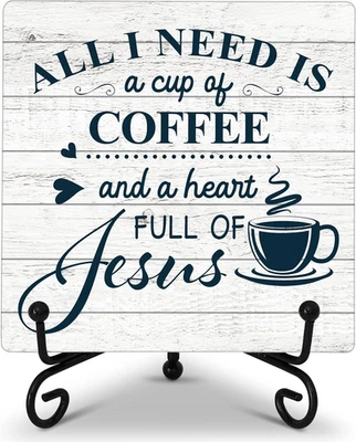 Coffee Bar Desk Decor, All I Need Is a Cup of Coffee Wooden Plaque Sign with Iro - Image 1 of 4