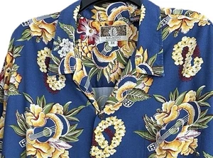 Vintage Kalaheo Hawaiian Button Down Up Shirt Floral Guitar Lei Navy Sz 3X USA - Picture 1 of 13