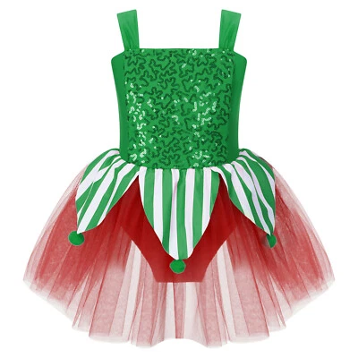 Kids Girl's Sequin Christmas Dress Costume Tulle Tutu Striped Santa Elf Leotard - Image 1 of 4