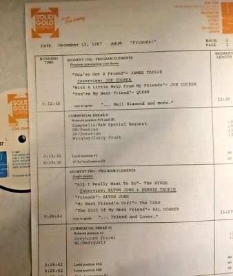 RADIO SHOW: 12/15/87 SOLID GOLD FRIENDS: QUEEN, CARS,AIRPLANE,BILL WITHERS,BYRDS - Image 1 of 2
