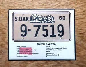 1960 Post Cereal SOUTH DAKOTA Box Cutout License Plate Card (C60P0041) - Picture 1 of 1