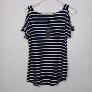 Cable & Gauge Top Womens XS Navy White Stripe Cold Shoulder Blouse NWT - Picture 1 of 9
