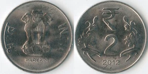 India 2012 ● 2 Rupees KM# 395 Stainless Ashoka Lion Capitol Lotus Flowers Value - Picture 1 of 3