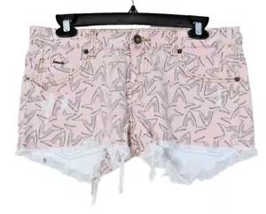 BILLABONG Pink Distressed Denim Low Rise Shark Print Shorts Size 9 W32 INS2 - Picture 1 of 7