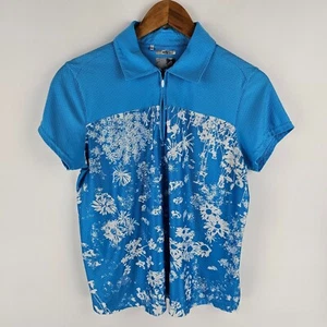 Adidas Top Womens Size Large Blue White Floral Climacool 1/4 Zip Short Sleeve - Picture 1 of 12