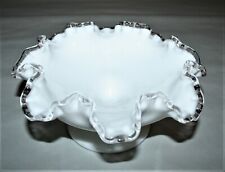Vintage Compote Bowl White Milk Glass With Ruffled Clear Edge Pedestal Footed