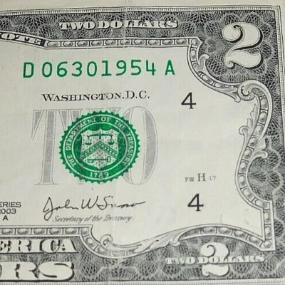 Birthday Note 06301954 Fancy Serial # Anniversary 6-30-54 June 30 1954 $2 2003A - Image 1 of 3