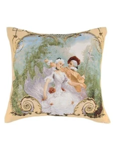 Old World Couple Dance Lesson Cream Tapestry Cushion Cover Boucher Style 18"x18" - Picture 1 of 3