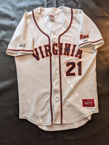Rawlings Virginia Cavaliers UVA #21 NCAA Baseball Jersey Sz 40 Hoos White Sewn Cover