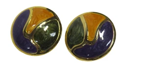 VTG Chunky Gold Tone Clip-On Earrings Glossy Purple Green Gold Enamel 1" Round - Picture 1 of 11