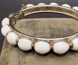 Miriam Haskell Signed White Glass Cabochon Hinged Bangle Bracelet - Picture 1 of 4
