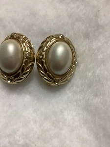 Trifari Clip Earrings Gold Tone Faux Pearl with Rhinestones - Picture 1 of 6