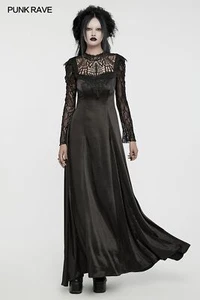 Maxi Vestido Elegante Punk Rave Negro Gótico Punk Hueco Encaje Mujer Manga Larga - Imagen 1 de 22