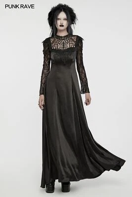 Punk Rave Black Gothic Punk Hollow Out Lace Women Long Sleeve Maxi Elegant Dress - Image 1 of 4