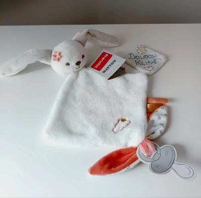 Doudou Plat/Mouchoir Mia Lapin Blanc Gris Fleur Étoiles Attache Tétine  - Nattou - Photo 1/4
