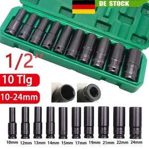 10Tlg Schlagschrauber Nüsse Set 1/2 Zoll 10-24mm Steckschlüssel Satz Lang Nüsse - Bild 1 von 13