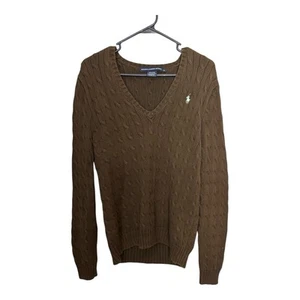 Ralph Lauren Sport Womens XL Cable Knit Sweater V-Neck Brown Preppy Classic Pony - Picture 1 of 8