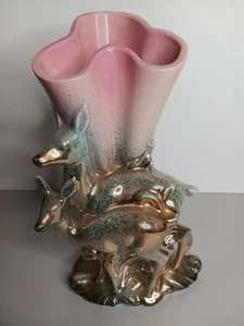 Hall #62 Vintage Art Deco Ceramic Porcelain Lusterware Vase 2 Deers Pink Gol 50' - Picture 1 of 11