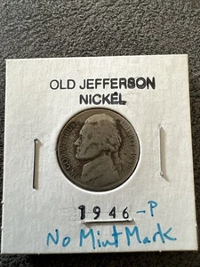 1946-P Jefferson Nickel. Non Magnetic. Philadelphia Mint. No Mint Mark. Silver. - Picture 1 of 6