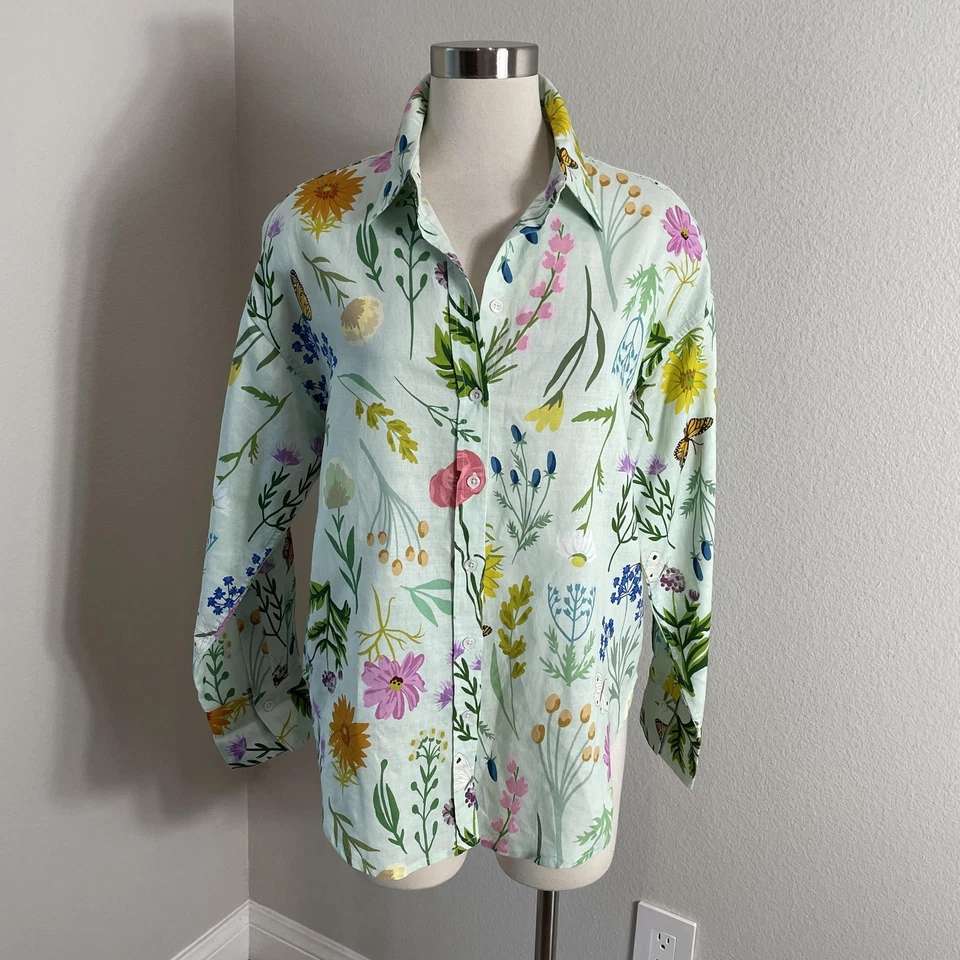 Camisa Lesley Evers Mujer Grande Verde Lino Algodón Floral Mariposa Abotonada Foto 1 de 4
