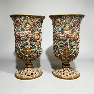 Paar Capodimonte Italien Cherub Blumen Netz Vasen 1536/223 Vintage - Bild 1 von 9