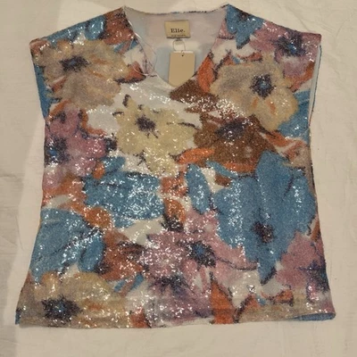 Blusa Elie Tahari Lentejuelas Floral Sin Mangas Top M Nueva con Etiquetas Brillante Fiesta Multicolor Foto 1 de 4