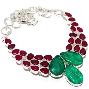 Emerald(Simulated), Ruby Gemstone 925 Sterling Silver Jewelry Necklace 18" - Picture 1 of 1