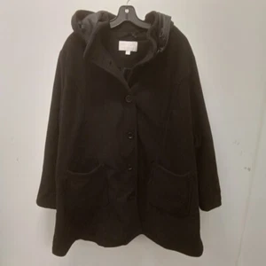 NWOT Woman Within Black Lined Polyester Button Up Hooded Coat Size 26W - Picture 1 of 5