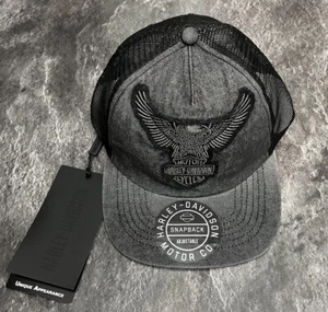Harley-Davidson Road Captain Trucker Denim Snapback Hat Cap Black New - Picture 1 of 7