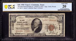 1929 T2 $10 STATE NATIONAL BANK NOTE CURRENCY CORSICANA TEXAS PCGS B VF 20 - Picture 1 of 4