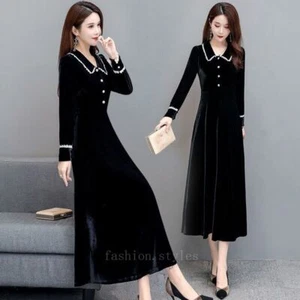 Lady Japanese Velvet Midi Dress Stand Collar Stretch Party Evening Gowns Elegant - Picture 1 of 31