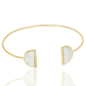 Howlite Two Half Moon Yellow Gold Plated Open Band Cuff Bangle Studded With CZ - Picture 1 of 6