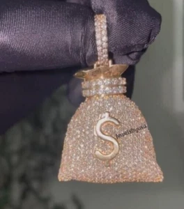 Genuine Moissanite Men's Doller Sign Money Bag Pendant Yellow Gold Plated Silver - Picture 1 of 6