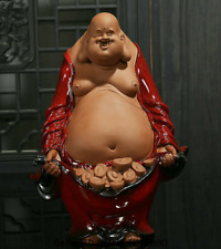 12" china red glaze porcelain pottery happy laugh maitreya buddha Yuanbao statue