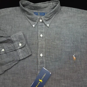 POLO RALPH LAUREN BUTTON SHIRT -4XLT TALL 4XL- BLACK CHAMBRAY OXFORD DENIM -PONY - Picture 1 of 8