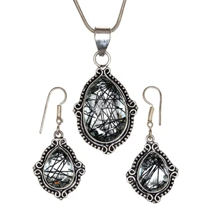 Black Rutile Set  Pendant  Jewelry Earring 18-20'' Gemstone Handmade - Picture 1 of 12