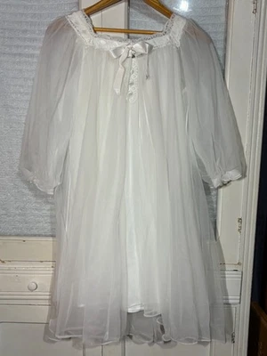VTG Lisette 60s Sheer White Peignoir Robe Nightgown Set Lace Trim Nylon SMALL - Image 1 of 4