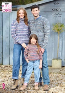 Knitting Pattern Family Cowl or Round Neck Sweaters King Cole Aran 6304 - Picture 1 of 4