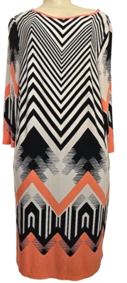 Woman Tiana B Dress Sheath Stretch Print 3/4 Sleeve Art Deco Coral Black - Image 1 of 4