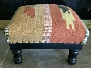 Pier 1 Imports Wool Upholstered Wood Foot Stool ~ Upholstery Tacks - Picture 1 of 12