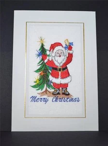 A new embroidered Christmas Card - Father Christmas ringing bell with xmas tree - Picture 1 of 1