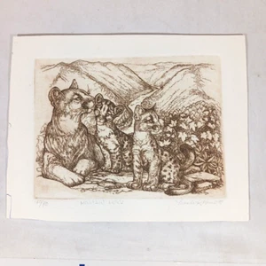 Marsha K Howe Etching Mountain Lion Cougar w/Kittens Signed Limited ed 140/400 - Picture 1 of 8