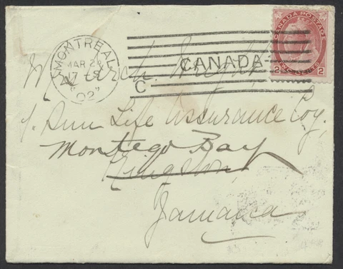 1902 Montreal to Jamaica Cover, 2c Empire Rate, M6 'C' Machine, Faults Cover