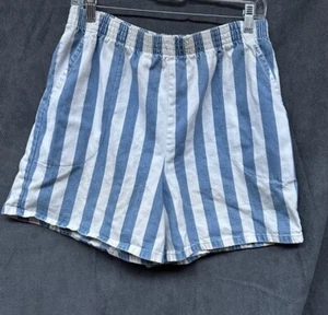 pantaloncino denim vintage blu bianco a righe chic vita alta anni 80 taglia M - Foto 1 di 5