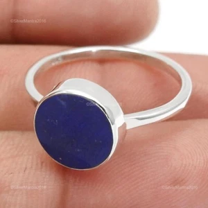 925 Solid Silver Round Lapis Lazuli Stone Anniversary Cocktail Boho Bezel Ring - Picture 1 of 7