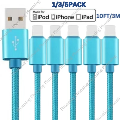 10 FT Heavy Duty Braided USB Charger Cable Cord For iPhone 14 13 12 11 XS 8 7 6 - Image 1 of 4